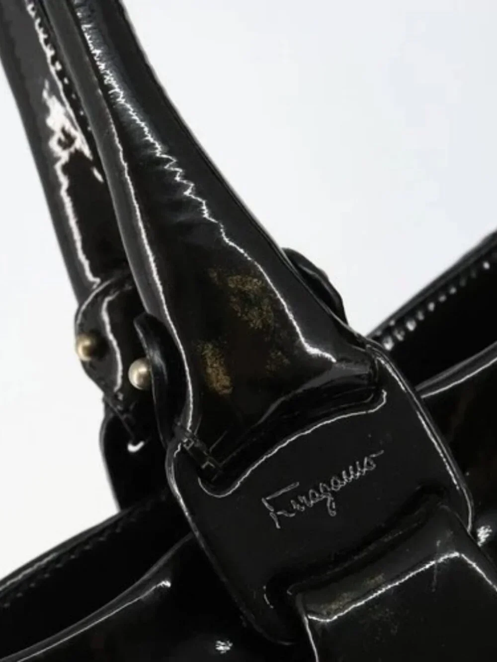Salvatore Ferragamo Tote Bag Enamel Black Auth BA7665